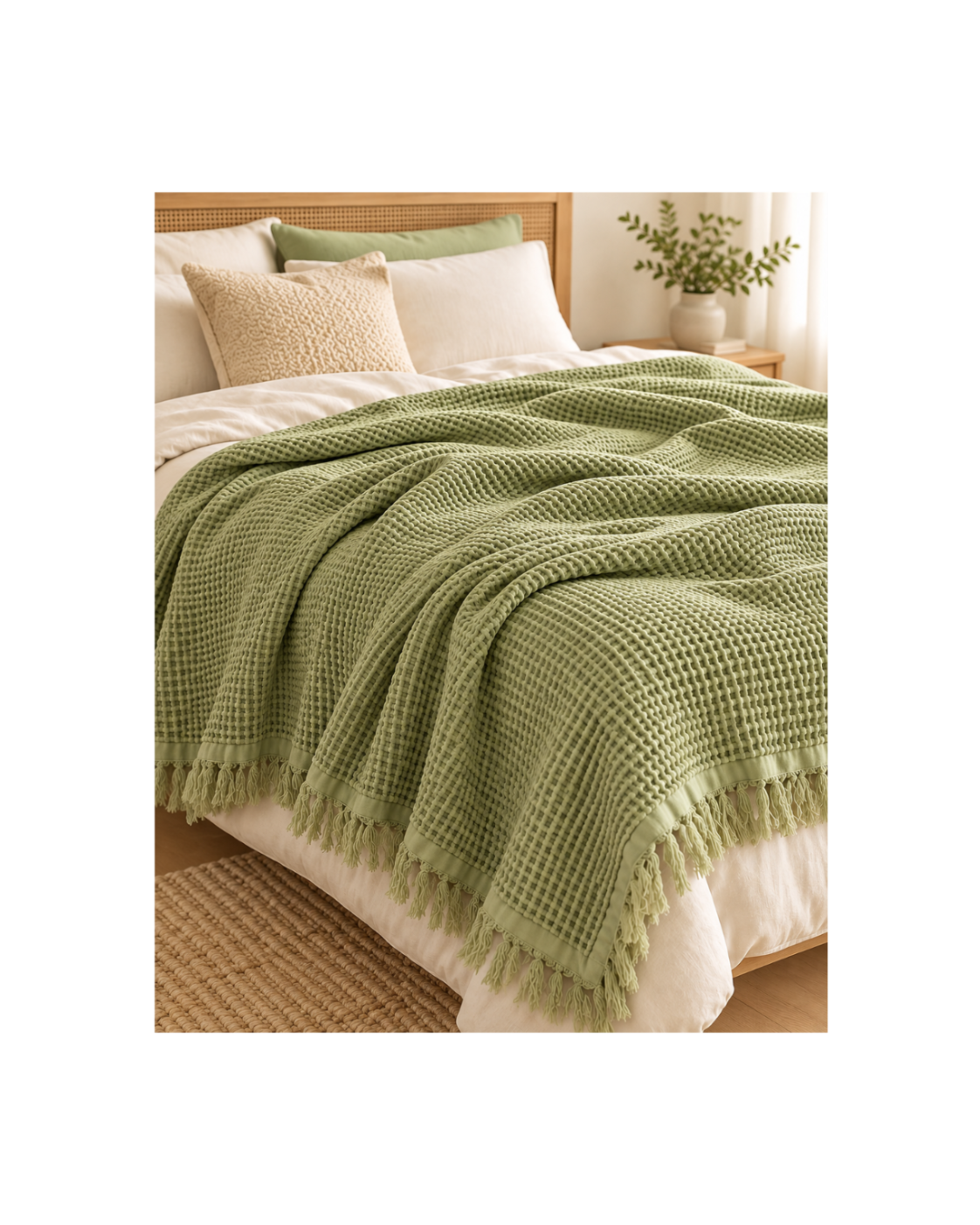 Sage Waffle Fringe Bedspread